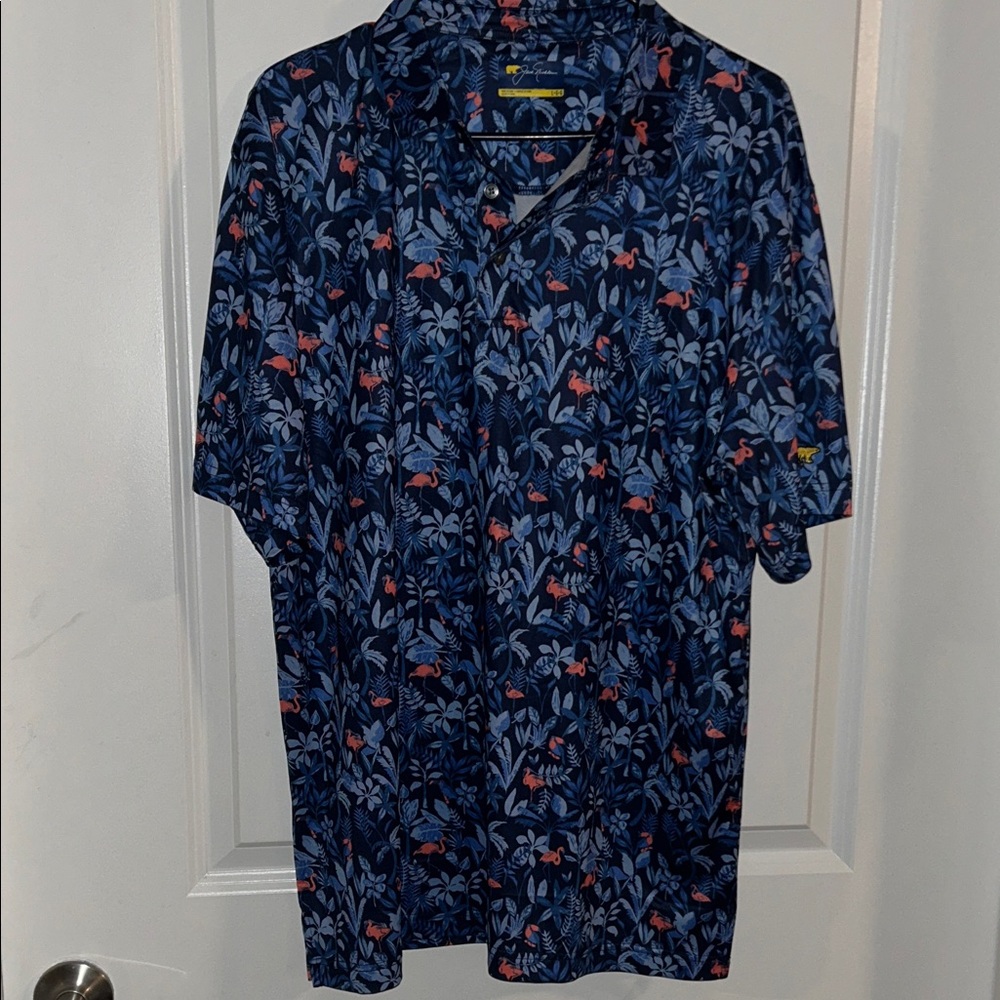 Blue and Coral Leaf and Flamingo Print Shirt